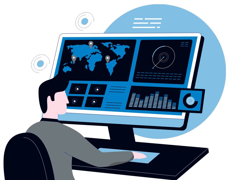 Illustration of a man infront of a large monitor with security features on it.